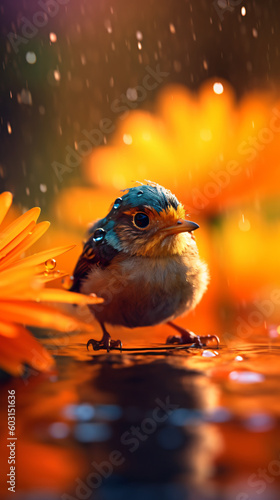 Close up for a bird in the rain