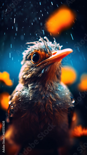 Close up for a bird in the rain