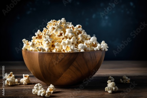 bowl of popcorn on a wooden table, generative ai