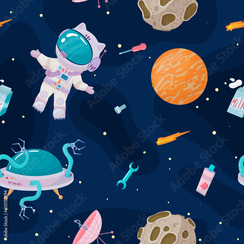 Cosmonaut in outer space. UFOs, spaceships, rockets. Solar system, intergalactic travel. Galaxies, planets, asteroids, comets, shooting stars. Vector illustration in cartoon style on  background.
