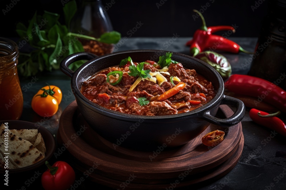 Bowl of chili con carne on wood board, generative ai