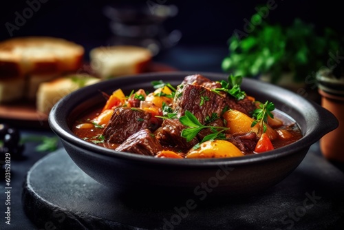 bowl of beef stew with vegetables, generative ai