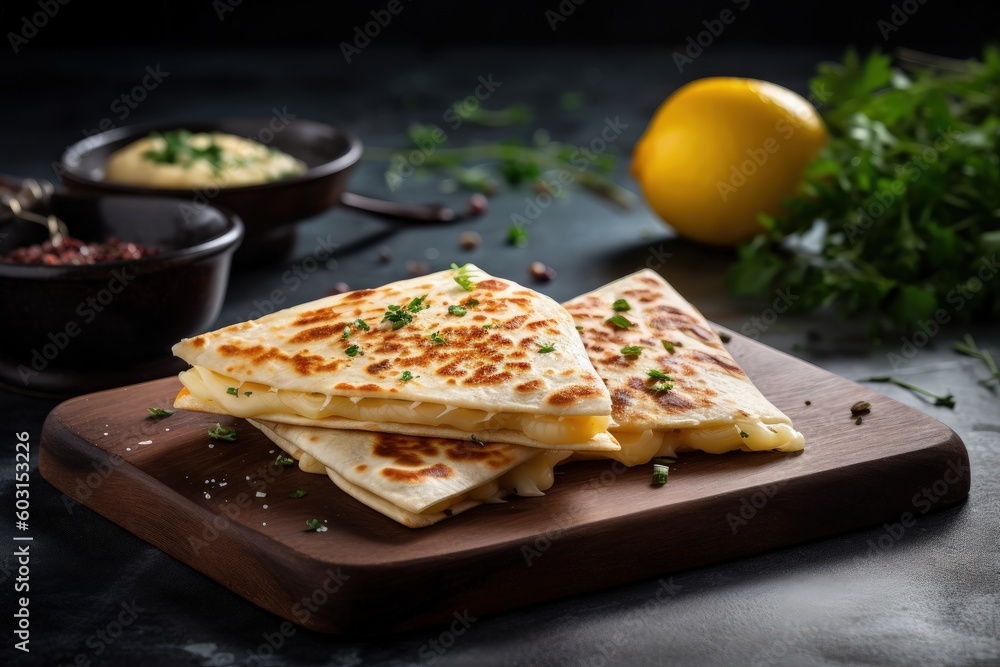 custom made wallpaper toronto digitalcheese quesadilla on a wooden board, generative ai
