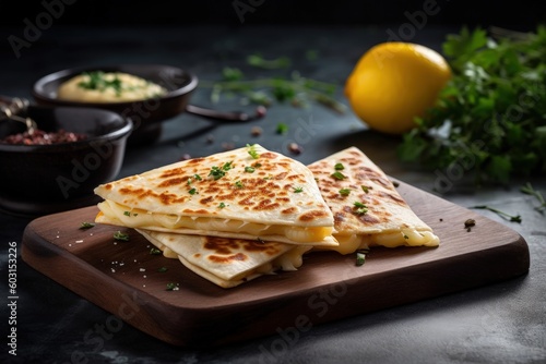 cheese quesadilla on a wooden board, generative ai photo