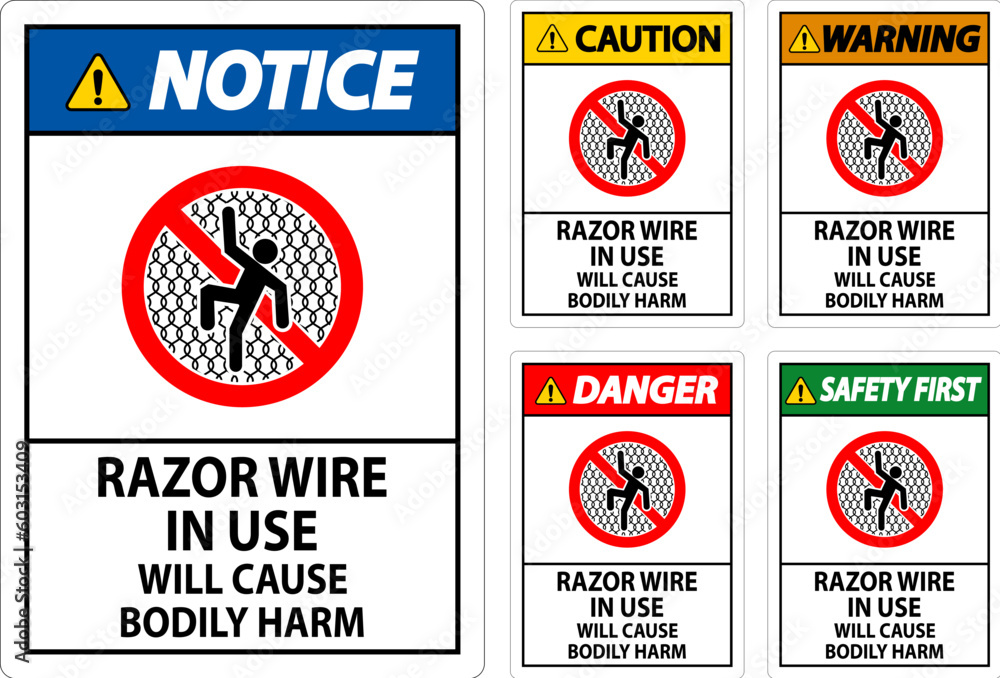 Danger Sign Razor Wire In Use Will Cause Bodily Harm Danger Sign Razor Wire In Use Will Cause Bodily Harm