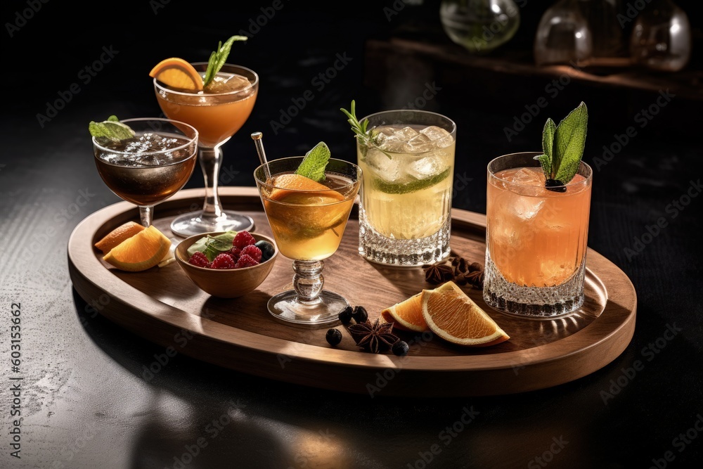 assorted cocktails on a wooden tray, generative ai assorted cocktails on a wooden tray, generative ai