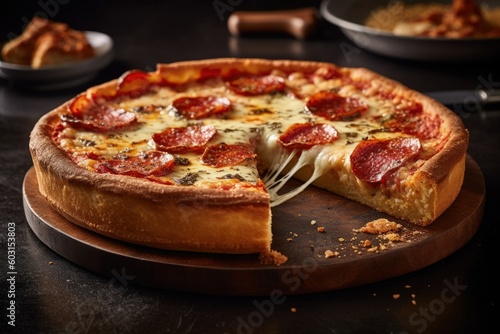 pepperoni deep dish pizza on a wooden board, generative ai