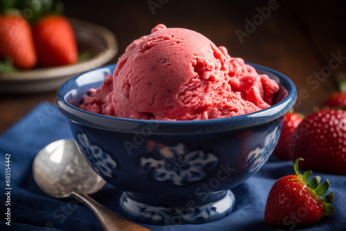 strawberry ice cream on a blue tablecloth Generative AI