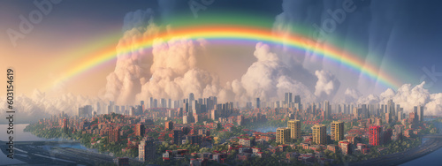 city, skyline, rainbow, skyscraper, building, cityscape, sky, new york, manhattan, view, architecture, urban, buildings, business, downtown, new, nyc, panorama, york, aerial, generative, ai
