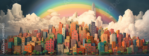 city, skyline, rainbow, skyscraper, building, cityscape, sky, new york, manhattan, view, architecture, urban, buildings, business, downtown, new, nyc, panorama, york, aerial, generative, ai