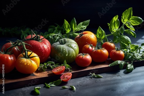 heirloom tomatoes on a board, generative ai