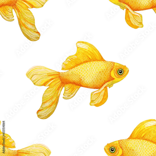 Gold Fish Watercolor Cartoon Illustration Isolated on White Background. Aquarium gold fish tank with beautiful tail and paddles in yellow and orange. Tropical goldfish home pet seamless pattern
