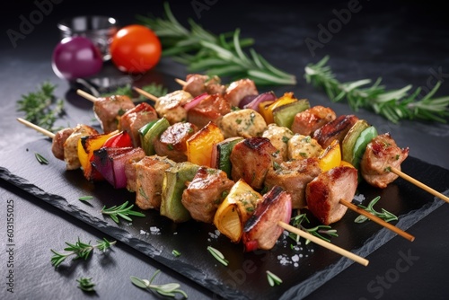 shish kebab on skewers, decorative herbs, generative ai