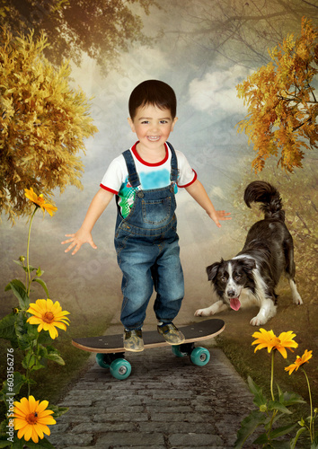 Smiling little boy on skateboard and dog in nature