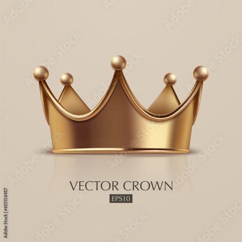 Vector 3d Realistic Golden Crown Icon Closeup Isolated. Yellow Metallic Crown Design Template. Gold Royal King Crown. Symbol of Imperial Power. Luxury, Wealth and Power. Front View