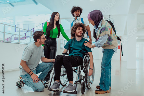 A diverse group of students including an African-American student and a Muslim wearing a hijab, support their friend with disability in a wheelchair in the hallway of a modern school.