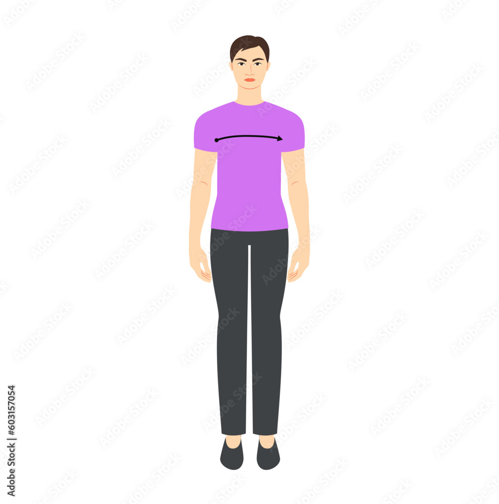 Men to do x-front measurement body with arrows fashion Illustration for size chart. Flat male character front 8 head size boy in purple shirt. Human gentlemen infographic template for clothes