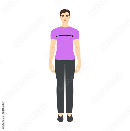Men to do x-front measurement body with arrows fashion Illustration for size chart. Flat male character front 8 head size boy in purple shirt. Human gentlemen infographic template for clothes