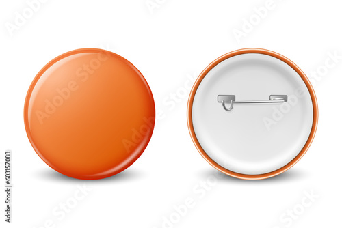 Vector Realistic Orange Round Blank Empty Button Badge Set Closeup Isolated on White Background, Front, Back View. Button Pin Badge Design Template. Brooch Pin for Branding, Mockup