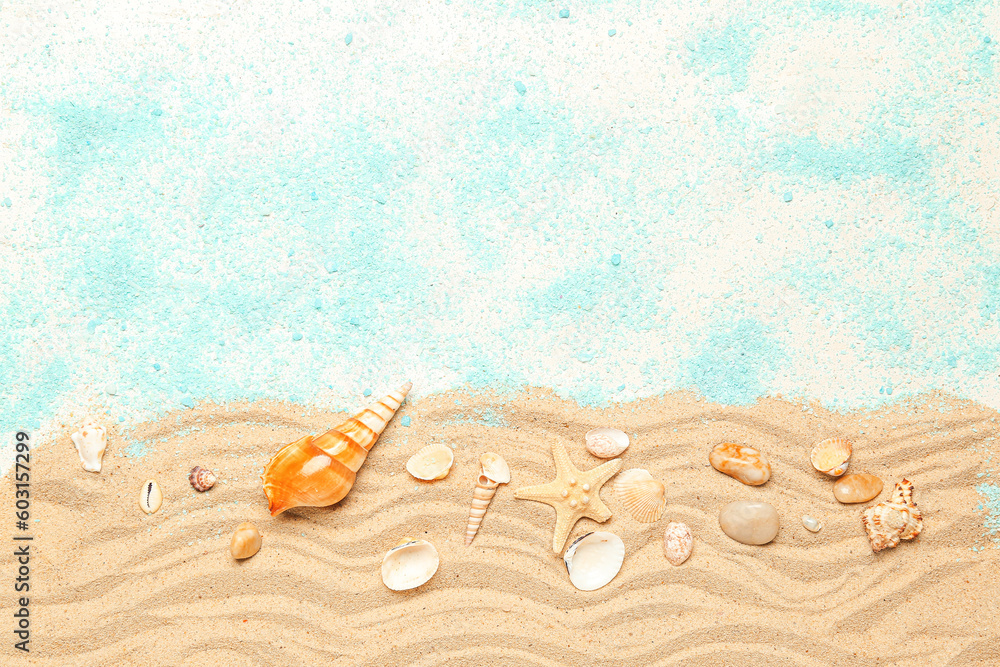 Naklejka premium Sand with blue sea salt, seashells and starfishes on white background