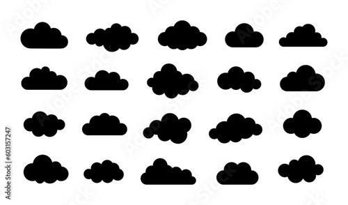 Black abstract cloud illustration set. Cute fluffy, bubbly clouds collection. Black cloudy shape isolated on blue background. Flat vector decoration element.