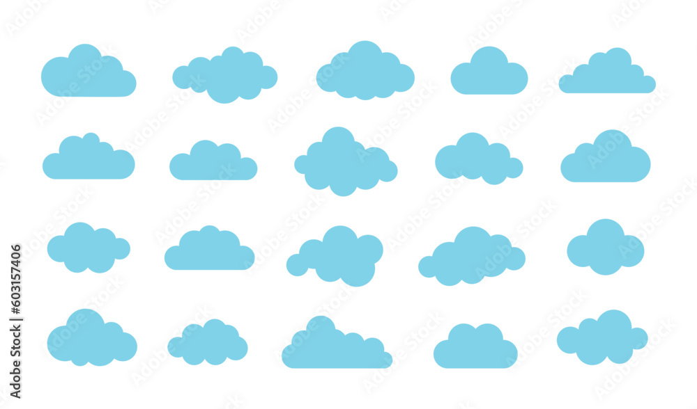 Blue abstract cloud illustration set. Cute fluffy, bubbly clouds collection. Light blue cloudy shape isolated on blue background. Flat vector decoration element.