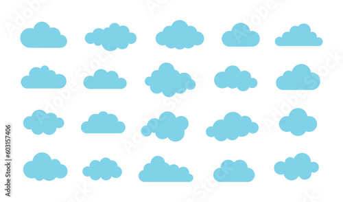 Blue abstract cloud illustration set. Cute fluffy, bubbly clouds collection. Light blue cloudy shape isolated on blue background. Flat vector decoration element.