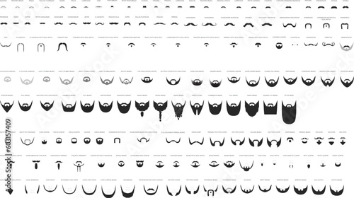 Set of Beard and mustache with name text style men face illustration Facial hair. Vector black male Fashion template flat barber collection set. Stylish hairstyle isolated outline on white background.