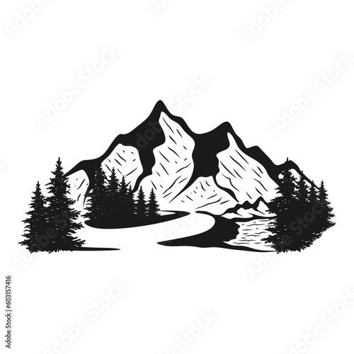 hand drawn mountain design. illustration of mountains and pine trees. 