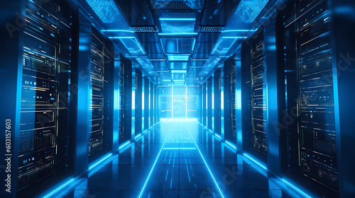 A server room pulsating with the energy in cool futuristic blue light.