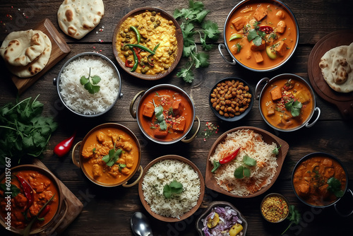 Traditional Indian dishes on the wooden table, assorted spicy food, top view, ai generated