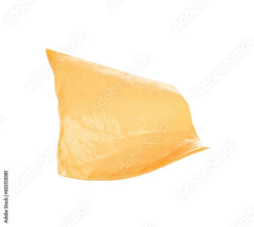 Slice of tasty processed cheese isolated on white background