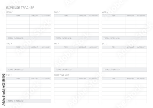 expense tracker template with a simple and minimal style. Note, scheduler, diary, calendar planner document template illustration.