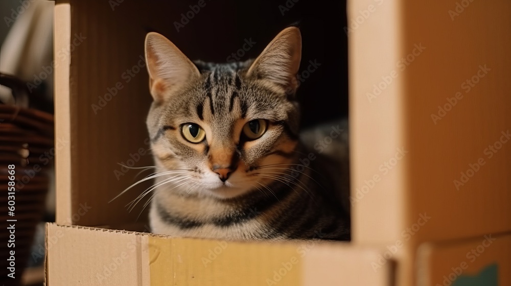 Striped Cat in a Cardboard House
