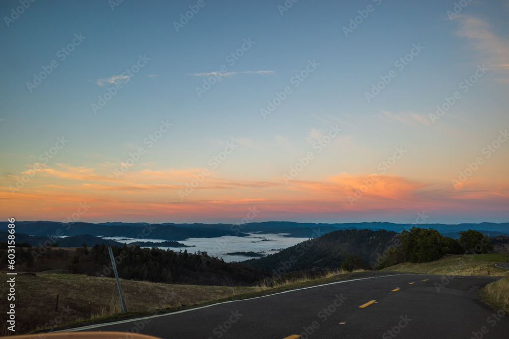 road in the mountains in northern california at dawn