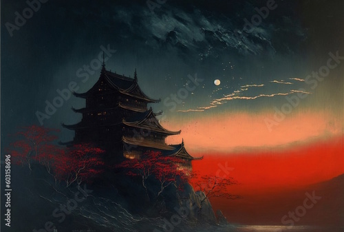 Japanese castle in the night - Created with Generative AI Technology 