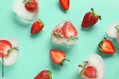 Fototapeta Naklejka Na Ścianę i Meble -  Fresh strawberry frozen in ice on blue background