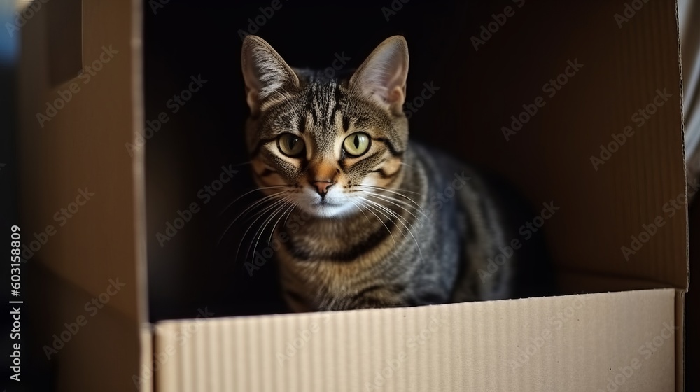 Striped Cat in a Cardboard House
