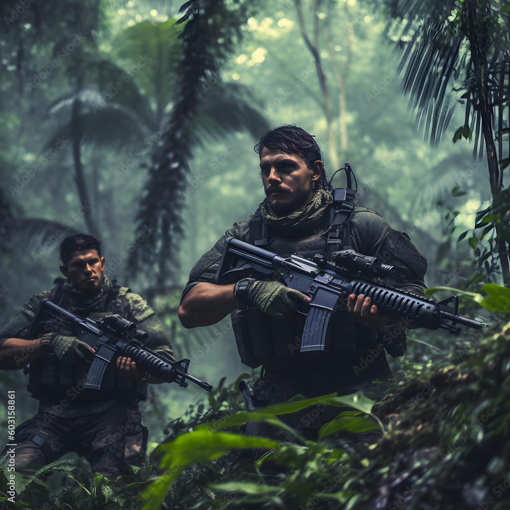 a raw photo of a Counter-Strike team in a jungle, the men are focused. a raw photo of a Counter-Strike team in a jungle, the men are focused.