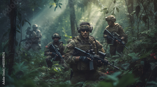 Fotografia a raw photo of a Counter-Strike team in a jungle, the men are focused