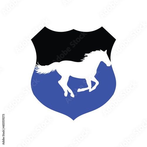 Horse running icon vector illustration inside a shape of shield black and blue color. 