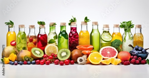 fruits and bottles with healthy beverages