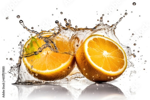 tasty oranges with water splash on a white background