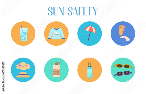 Sun protection set. Hand-drawn illustration of sun safety tips, creme and lotion, water bottle, sunglasses and hats. Vector isolated elements on white background.