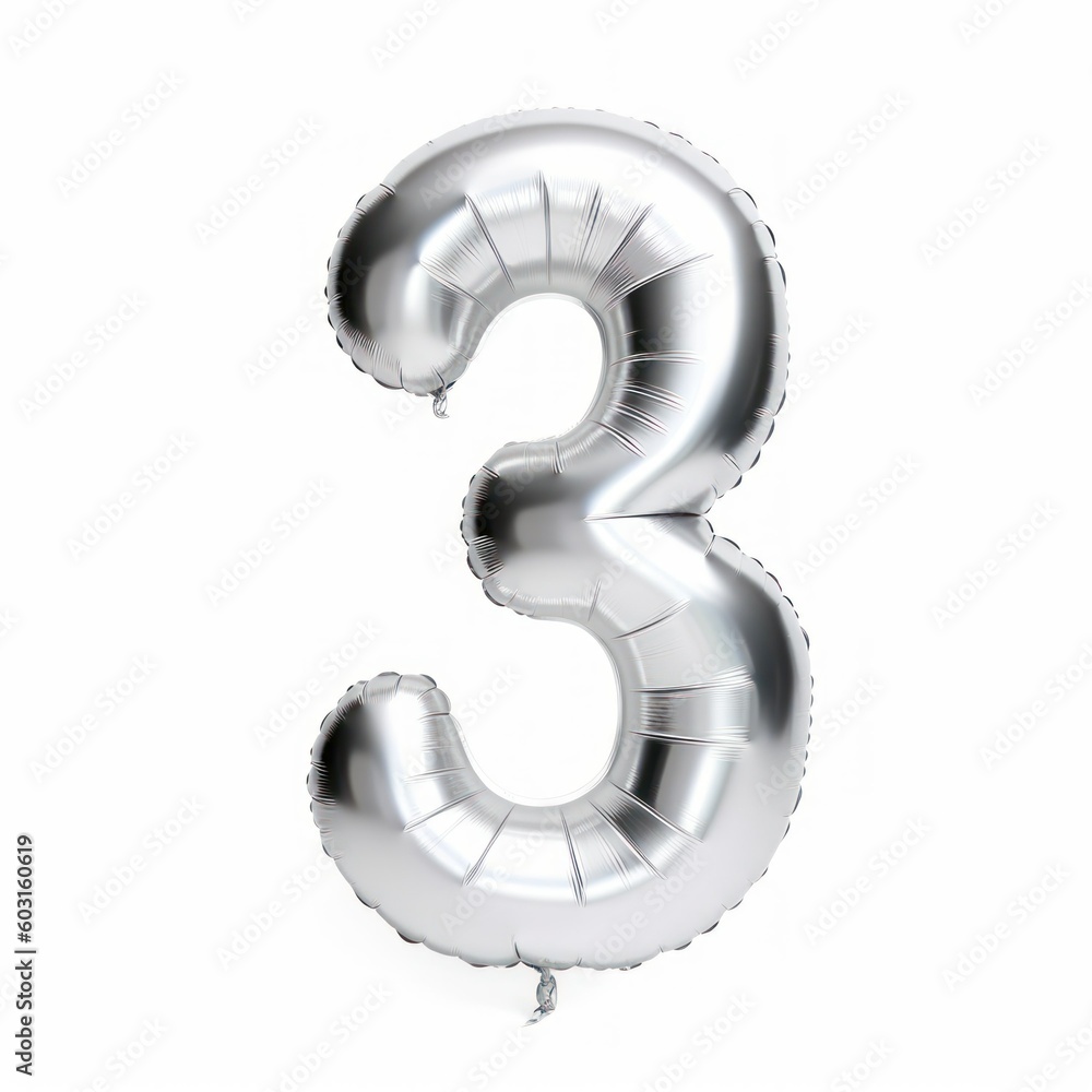 Shiny Silver Number Shaped Balloon Isolated on White Background. Number 3 Three. Generative AI illustration. Shiny Silver Number Shaped Balloon Isolated on White Background. Number 3 Three. Generative AI illustration.