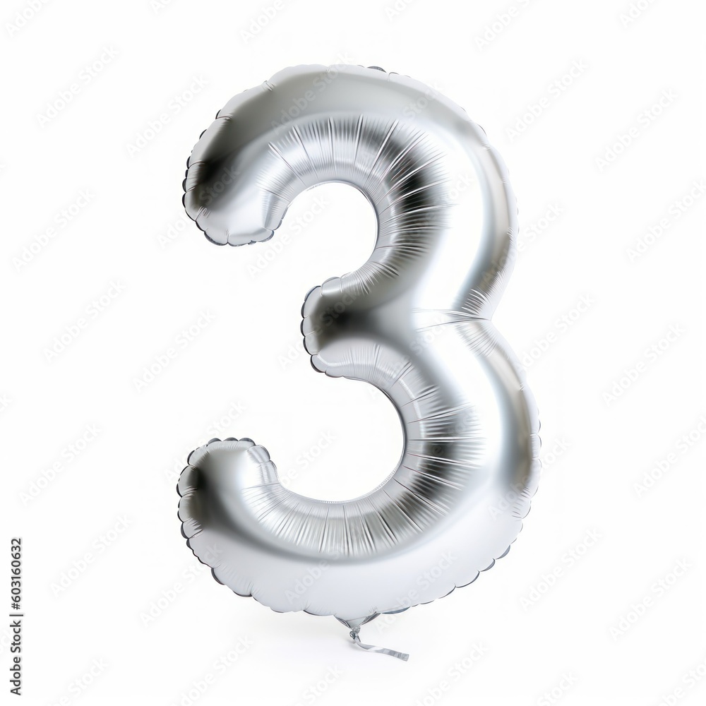 Shiny Silver Number Shaped Balloon Isolated on White Background. Number 3 Three. Generative AI illustration. Shiny Silver Number Shaped Balloon Isolated on White Background. Number 3 Three. Generative AI illustration.