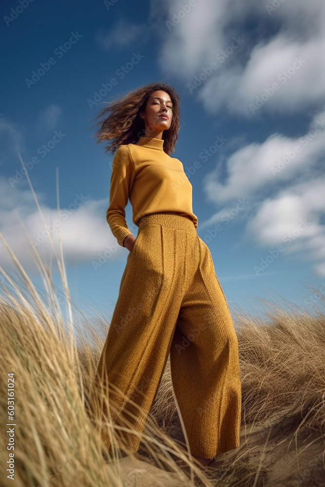 Naklejka premium A woman standing in a field of tall grass. Generative AI.