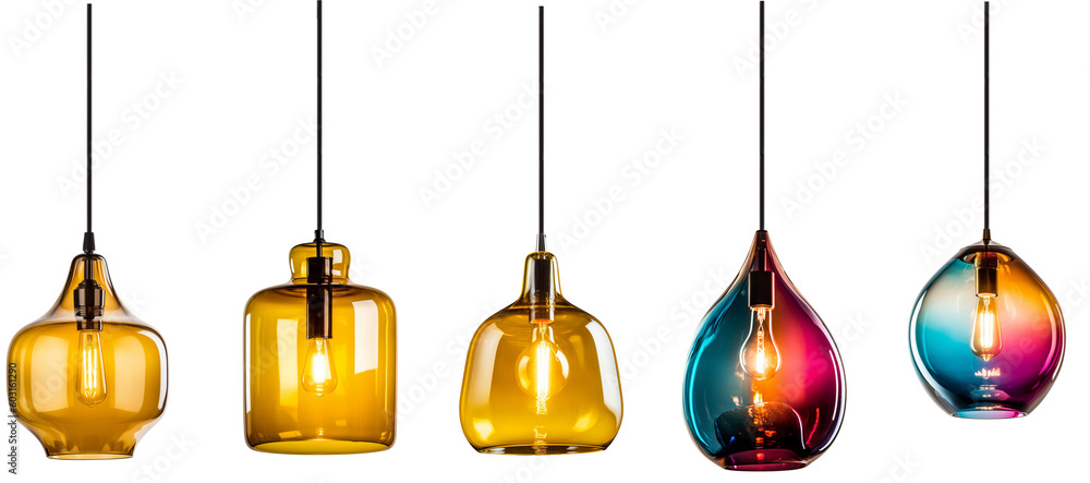 Fototapeta premium Group of assorted colorful modern glass pendant lights. Created using generative AI.