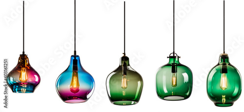 Group of assorted colorful modern glass pendant lights. Created using generative AI. photo