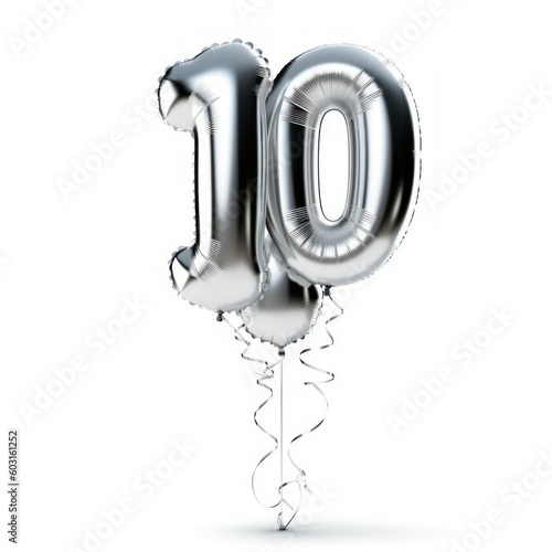 Shiny Silver Number Shaped Balloon Isolated on White Background. Number 10 Ten. Generative AI illustration. photo